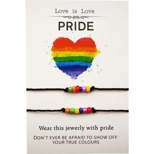 Fashion LGBT Bracelet Wax Rope Gay Pride Rainbow Bead Bracelet LGBT Lover Wish Card Bracelet Best Gift Jewelry