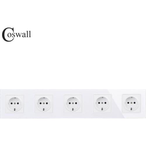 COSWALL Wall Crystal Glass Panel 5 Gang Power Socket Grounded 16A EU Standard Quintuple Outlet With Children Protection Door