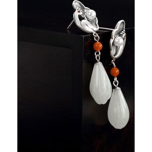 Silver Phoenix South Red Natural And Hetian Jade White Jade Magnolia Flower Female Earring Earrings Wholesale Earrings