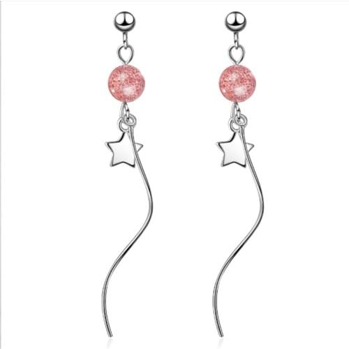 Strawberry crystal temperament long wave powder crystal five-pointed star silver plated earrings
