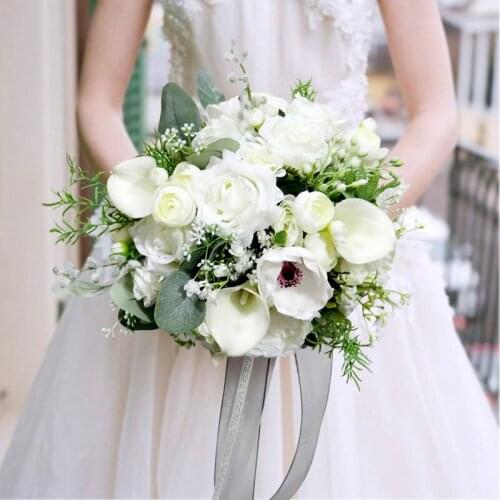 Popodion Bride Wedding Bouquet Bridesmaid Bouquet White Fake Flowers Bouquet WAS10183