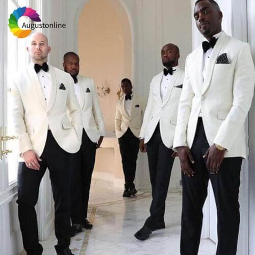 Ivory Wedding Suits for Men Shawl Lapel Slim Fit Groom Tuxedo Costume Homme Prom Groomsmen Blazer Jacket 2Piece Terno Masculino