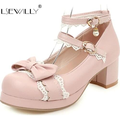 Lsewilly Sweet Lolita Princess Mary Janes Shoes Bowtie Lace Ruffles Cross Tied Strappy Cosplay Pumps Women Wedding Party Girls