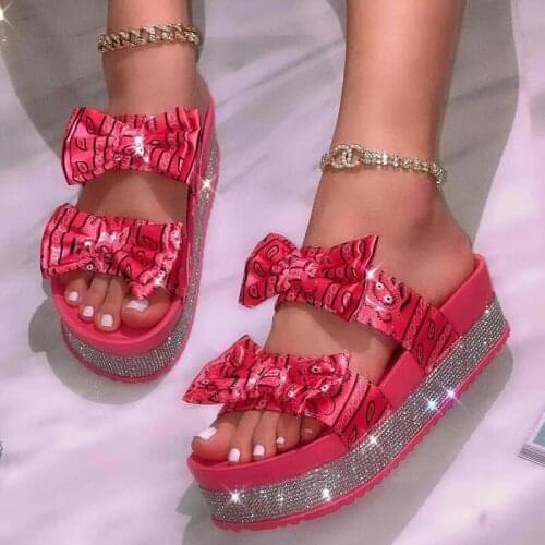 Women Crystal Flat Platform Womens Bandana Bowtie Slippers Ladies Summer Casual Slides Female Comfort Beach Shoes Plus Size