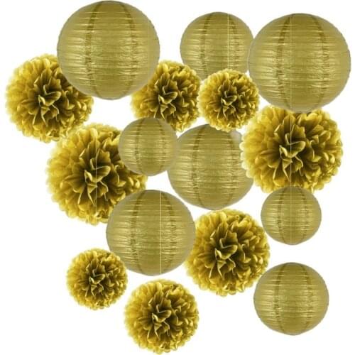 16pc/lot Decorative Round Tissue Paper Lantern Pom Poms Flower Balls Gold Color Wedding Party Kid Birthday Decoration Babyshower
