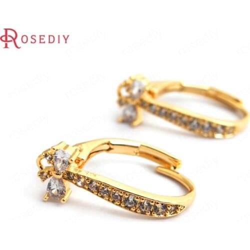 34945)4PCS 16.5MM 24K Gold Color Brass with White Zircon with Bow Drop Shape Earrings Hooks Diy Accessories Jewelry Findings
