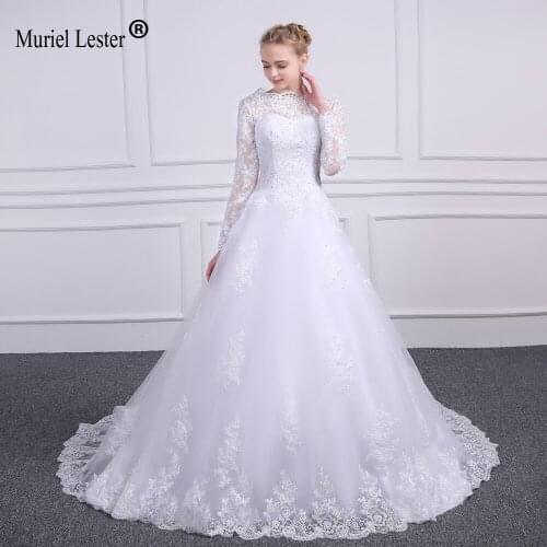 White/Ivory Long Sleeves Lace A Line Wedding Dresses 2020 Appliques Scoop Neck Bridal Gowns Gelinlik Tulle Bride Dress 2020 H111