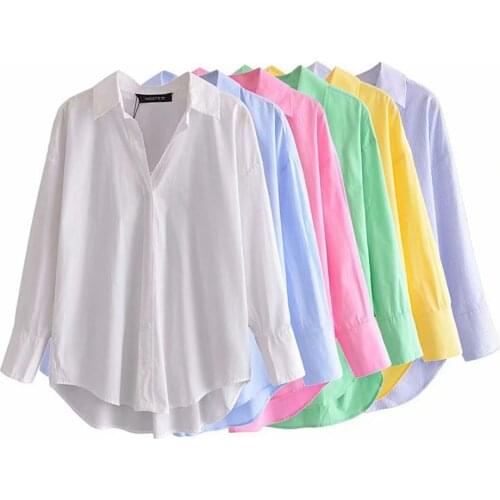 2021 Za New Fashion Multicolor color Loose Asymmetric Poplin Blouses Vintage Long Sleeve Buttons Female Shirts Blusas Chic Tops