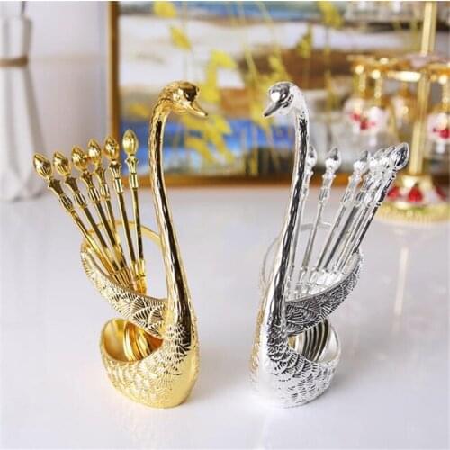 Swan Holder Fruit Forks Spoons Set Zinc Alloy Salad Dessert Forks Coffee Spoon Cake Tableware Wedding Party Kitchen Decoration