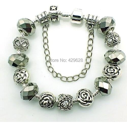 JINGLANG Fashion Europe Silver Plated Black Crystal Murano Beads Infinity Chain Cuff Bracelets For Women DIY Jewelry