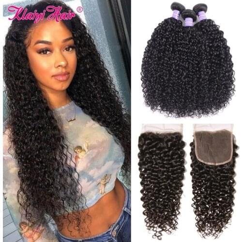 Klaiyi Curly Hair Bundles With Closure Brazilian Remy Hair Extension Human Hair Bundles With Free Part Closure Natural Weave