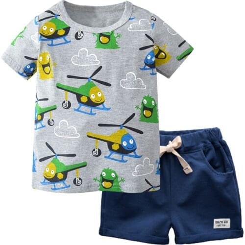 BINIDUCKLING 2020 Summer Toddler Baby Boys Kids Clothes T-shirt+shorts Children Helicopter Printed O-Neck Cotton Clothing Sets