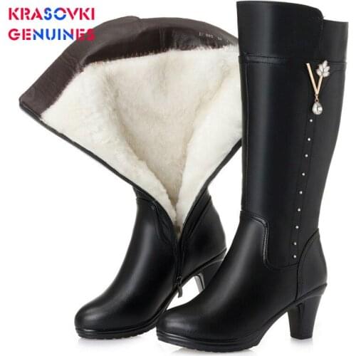 Krasovki Genuines Wool Women Winter Boots Warm Genuine Leather Fur Warm Shoes Plush Med Calf Boots Platform for Women Snow Boots