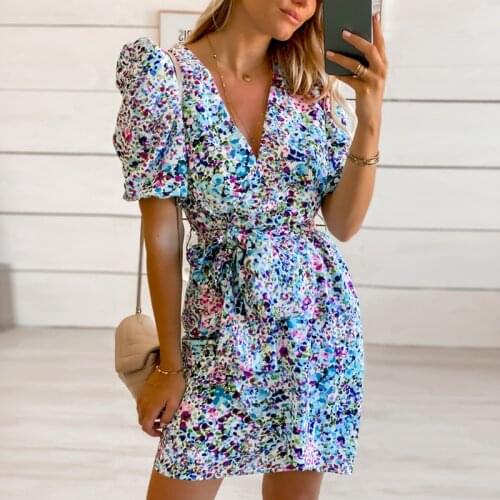 Summer V Neck Floral Print Dress Casual Puff Sleeve A Line Sahes Mini Sundress Female Boho Short Beach Holiday Dress 2021