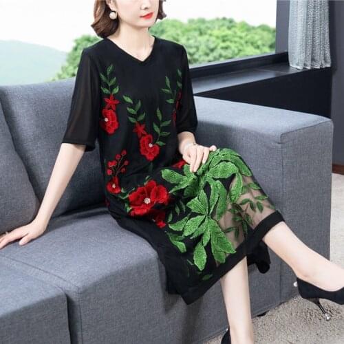 Summer 2020 Womens Vintage V Neck Embroidery Red Golden Flower Black Mesh Dress, Woman Female Loose 4xl 5xl Dresses