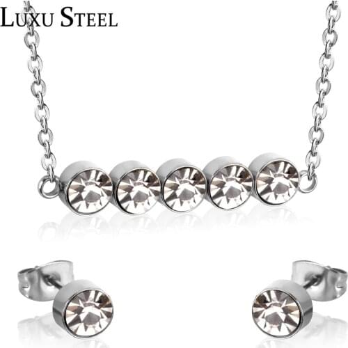 LUXUSTEEL inoxidable Set Stainless Steel Cubic Zirconia Pendant Necklace Earrings Brinco Party Silver Color Collars Necklace