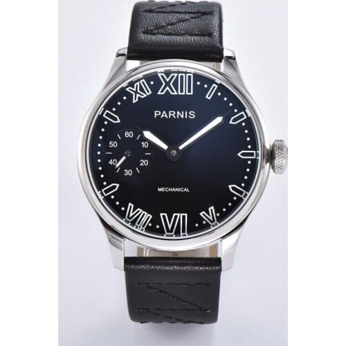 New PARNIS 44mm Hand-winding Mens Wristwatch black dial ST3600 movement leather strap Roman numerals polished case pin clasp