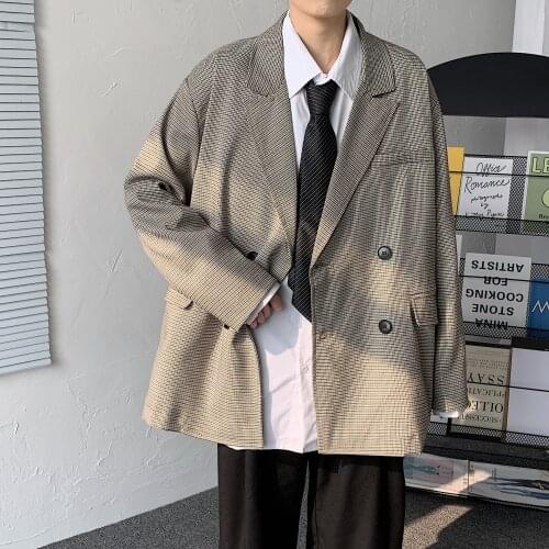 Vintage Suit Jackets Men Micro Plaid Khaki Double Breasted Boxy Blazer Coat 2021 Spring Summer Thin Menswear Oversize Check Suit