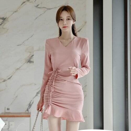 New arrival fashion solid fresh dress women elegant work style sweet high quality cute vintage v-neck mini sexy trumpet dress