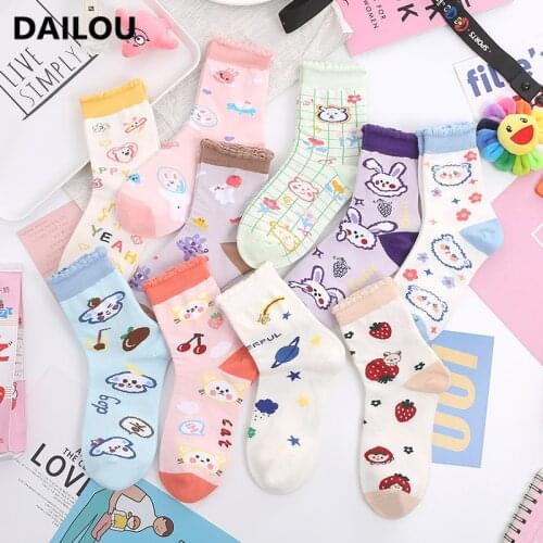 New Kawaii Socks Women Cartoon Ins Trend Bubble Mouth Lace Bunny Bear Puppy In Tube Socks Happy Funny Cute Girl Cotton Socks
