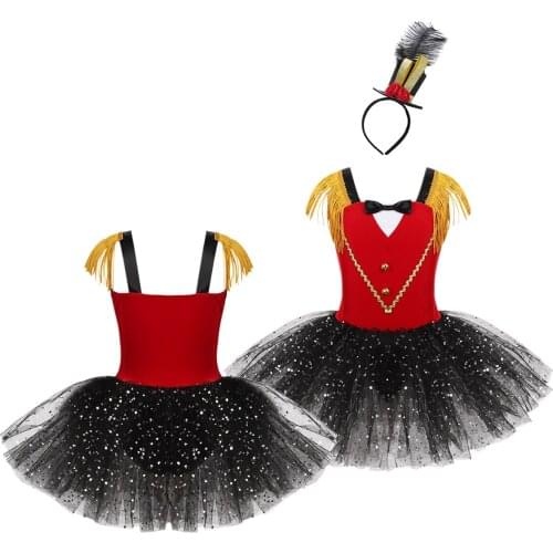 Kids Girls Halloween Circus Ringmaster Costume Dancewear Sleeveless Tassel Bowtie Sweetheart Foil Sequins Mesh Tutu Dress