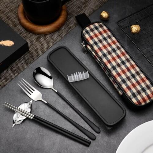 Stainless steel chopsticks spoon fork set tableware storage box portable three-piece student single