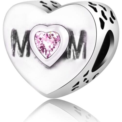 Authentic 925 Sterling Silver Charm Bead Mom Heart Crystal Beads For Original Pandora Charm Bracelets & Bangles Jewelry