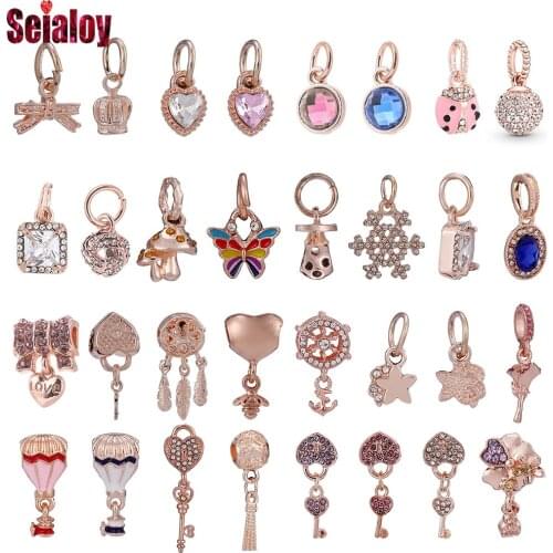 Seialoy Rose Gold Pendant Crystal Heart Charm Fit Bracelets Ladybug Butterfly Dangle Beads Bangles Fashion Accessories Charms