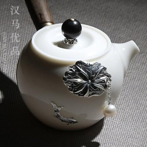 Japanese white jade porcelain pot pottery household tea set wood handle teapot handmade silver inlaid one pot and two cups