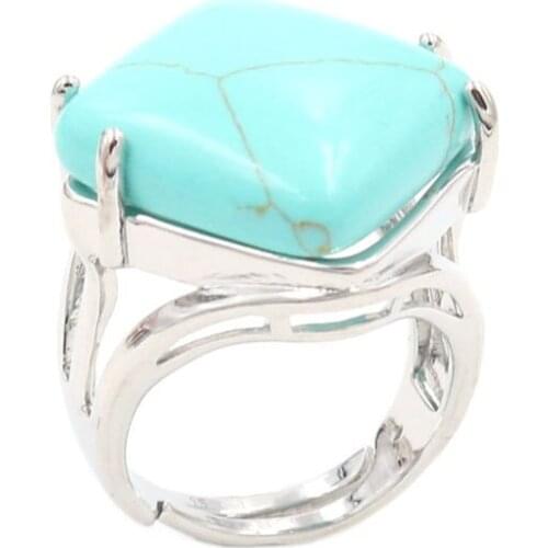 Green Turquoises Stone Rhombus Shape Silver Plated Resizable Finger Ring Lapis Lazuli Jewelry