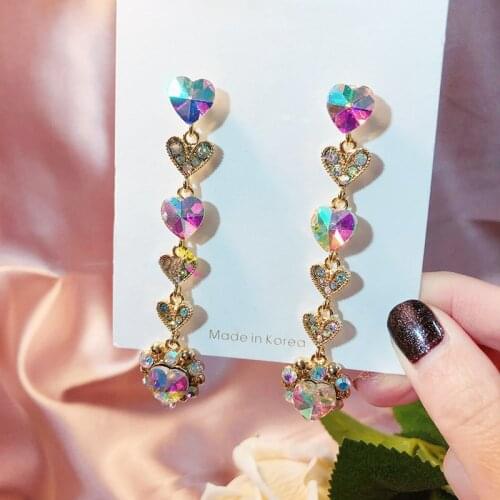 New Trendy Korean TV Star Colorful Crystal Heart Dangle Earrings For Female Elegant Statement Earrings Party Ear Accessories