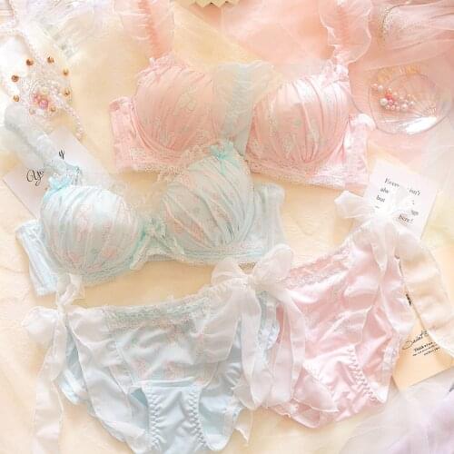 Plus Size Lingere Femme Ethika Women 2 Piece Cute Anime Push Up Bra and Panty Set Underwear Loli Blue Pink Cartoon Bralette Set