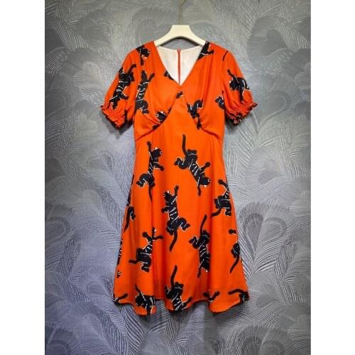 Retro Orange Color Women Long Dress Short Sleeves V-Neck Animal Printed Casual Good Quality Dresses Lady Vestidos