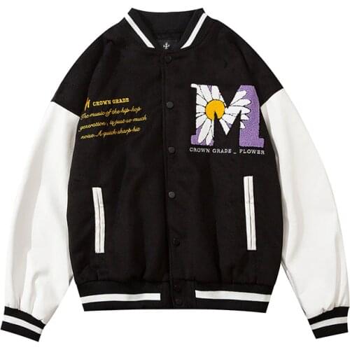 2020 Hip Hop Baseball Jacket Coat Suede Daisy Bee Towel Embroidery Streetwear Harajuku Sports Outwear Casual Patchwork Jacket