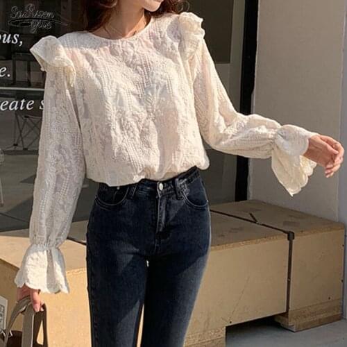 2021 Elegant New Casual Loose Crochet Lace Shirt Tops Autumn Flare Sleeve Ruffle Blouse Women O-neck Women Clothing Blusas 16855