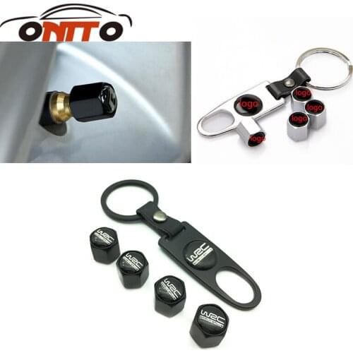 4pcs Car Wheel Tyre Tire Stem Air Valve Caps Key Screw Set for WRC logo leather key chain