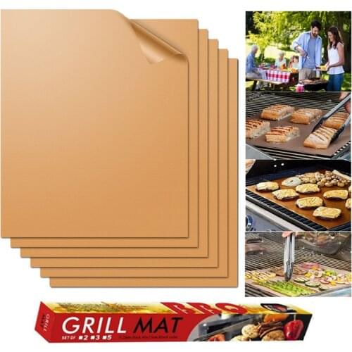 5pcs BBQ Grill Mat Copper Non-stick Barbecue Baking Liners Reusable Cooking Sheets PTFE Bakeware Sheet Easy Clean