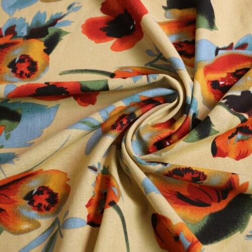 50cm*145cm Cotton Linen Fabric DIY Craft Material Print Orange Flowering For Shirt Dress Home