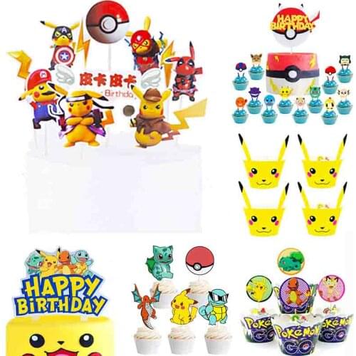 Pokemon Cake Decorating Supplies Happy Birthday Pikachu Pokeball Cupcake Cake Insert Flag Cake Topper DIY Party Decoration