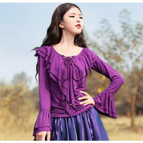 Free Shipping 2020 New Long Flare Sleeve Purple And Black Shirt Spring Autumn Tops S-XL Stretch V-neck Tees Ruffles Bandage