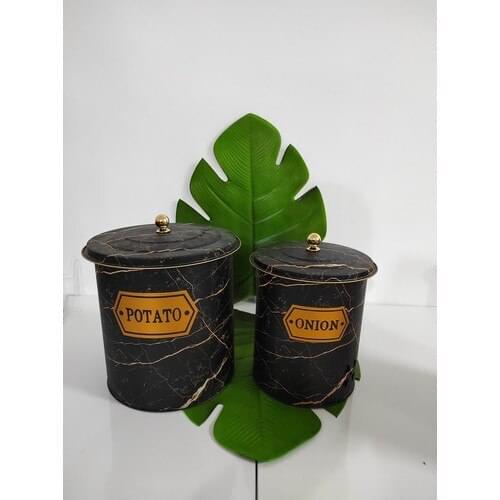 Morza Home Metal Potato Onion 2 Piece Set Black-Gold Tumbled-Black Melange