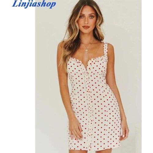 Elegant polka dot mini dress woman lining single breasted spaghetti strap split reform long chic party dress femme vestidos