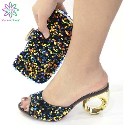 Italian Mature Women Shoes and Bag with Platform in Black Color High Quality and Comfortable Heels for Wedding Party