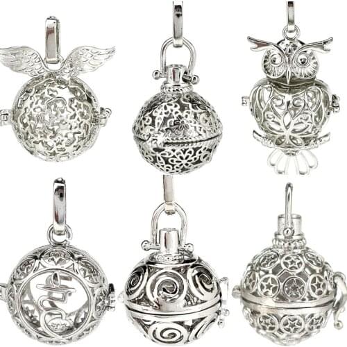1pc Silver Owl Angel Wings Religious Ball Lava Rock Aroma Filigree Pendant Essential Oil Diffuser Boho Locket Pendant