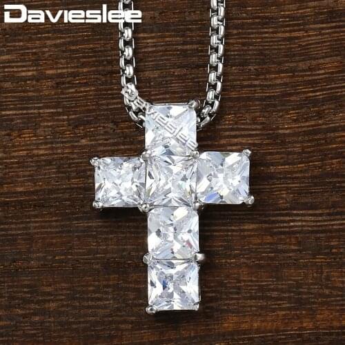 Davieslee Rhinestones Cross Pendant Mens Necklace Box Link Chain Stainless Steel Silver Color DKN543