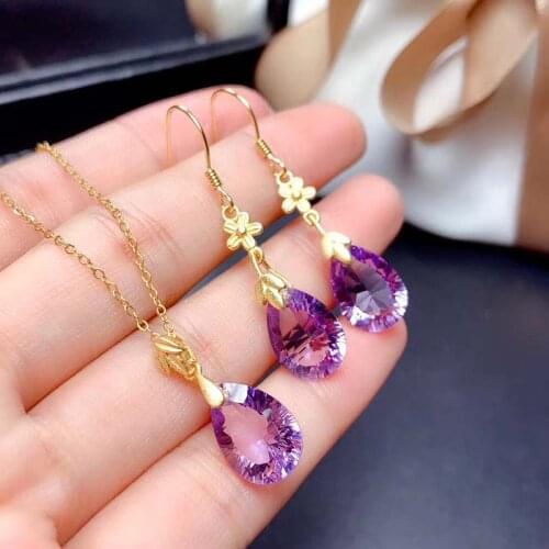 925 Natural Amethyst Jewelry Sets for Women Party Necklace and Earrings Fine Jewelry Real Violet Crystal Gifts Water Drop Shape