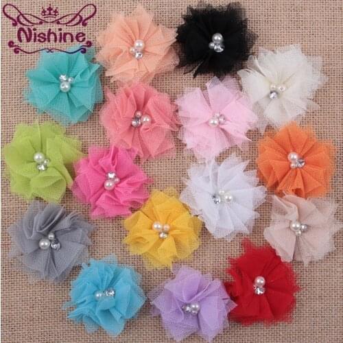 Nishine 120pcs/lot 2.6" Chic Mesh Hair Flowers With Rhinestones Pearls Artificial Fabric Flowers For DIY Kids Headwear Clips