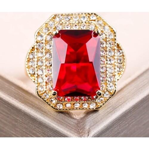 Luxury Gold Full Rhinestones Mens Finger Signet Ring Hip Hop Shining Iced Out Male Rings With Red Square Zircon Stone L3C173