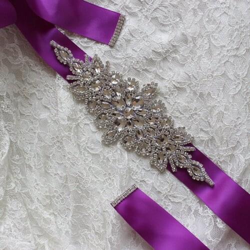 Sexy Purple Satin Belt Rhinestone Bridal Belt Wedding Waistband Accessory Applique For Evening Prom Dresses Wedding decoration