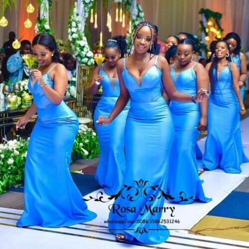Blue Plus Size African Mermaid Bridesmaids Dresses 2021 Cheap Simple Long Satin Wedding Guest Party Gowns Maid of Honors Wears